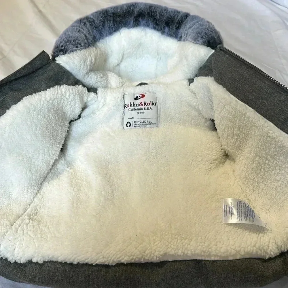 Rolls & RollaSherpa Lined Mini Fur Trim Hooded Puffer Jacket  6-9 months Gray